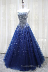 Gorgeous Strapless Blue Tulle Beaded Long Semi Formal Prom Dresses, Beaded Blue Formal Evening Dresses, Beaded Ball Gown